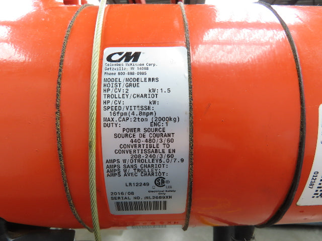 CM Lodestar Model RRS 2 Ton 4000lb Electric Chain Hoist 21' Lift 16 FPM 3PH 460V