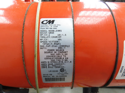 CM Lodestar Model RRS 2 Ton 4000lb Electric Chain Hoist 21' Lift 16 FPM 3PH 460V