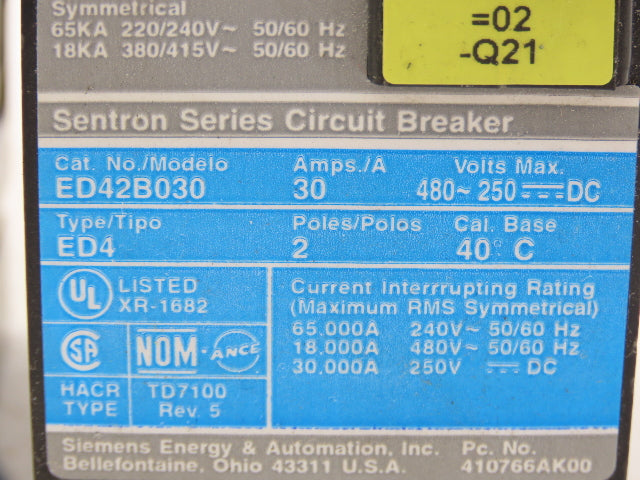 Siemens ED42B030 SENTRON 30A Circuit Breaker 480V 2-Pole Lot Of 2