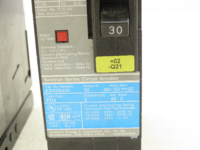 Siemens ED42B030 SENTRON 30A Circuit Breaker 480V 2-Pole Lot Of 2