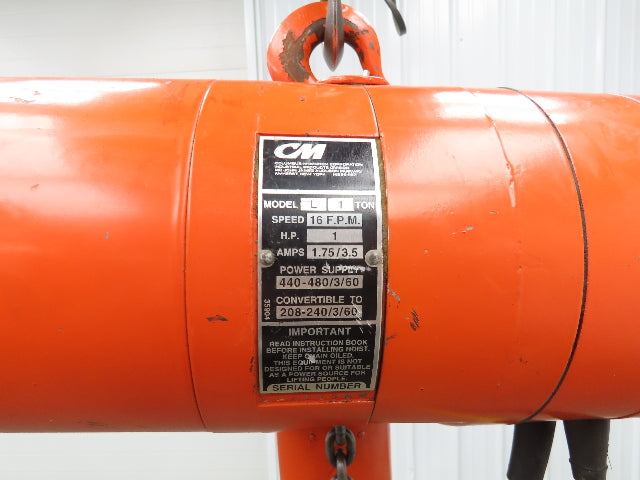 CM Lodestar Model L 1 Ton 2000lb Electric Chain Hoist 25' Lift 16 FPM 3PH 480V