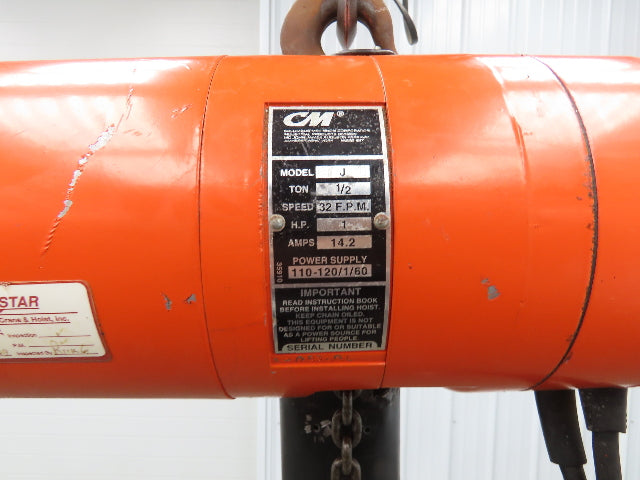 CM Lodestar Model J 1/2 Ton 1000lb Electric Chain Hoist 21' Lift 32 FPM 1PH 110V