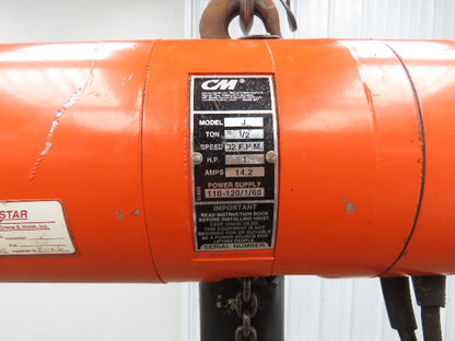 CM Lodestar Model J 1/2 Ton 1000lb Electric Chain Hoist 21' Lift 32 FPM 1PH 110V
