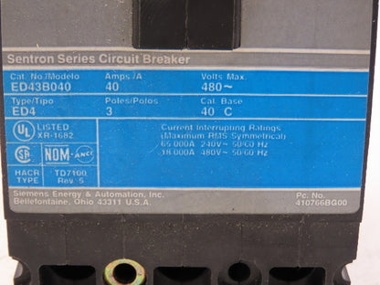Siemens ED43B040 SENTRON 40A Circuit Breaker 480V 3-Pole