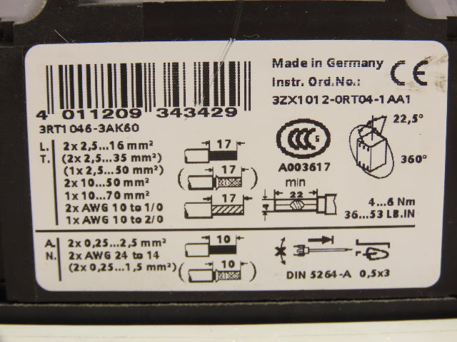 Siemens 3RT1046-3AK60 Sirius 3-Pole Power Contactor 95A 45kW 110V Coil w/2NC Aux