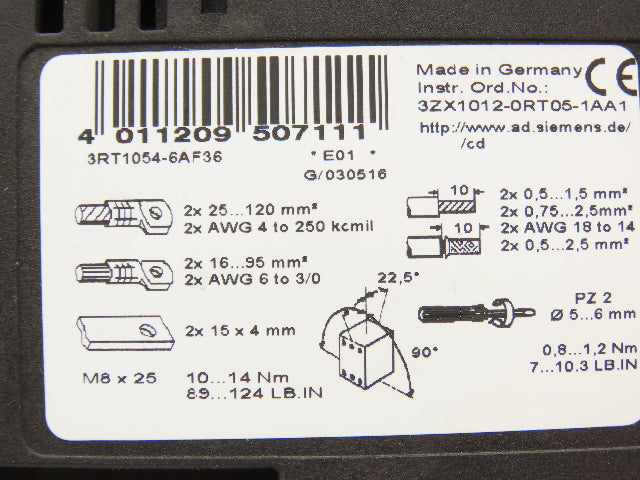 Siemens 3RT1054-6AF36 Motor Starter Contactor 100Hp 160A 1000V 3 Pole 120V Coil