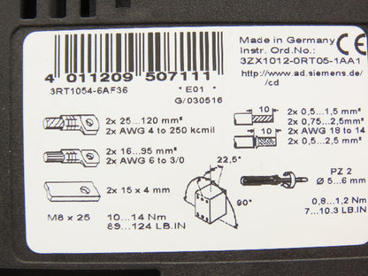 Siemens 3RT1054-6AF36 Motor Starter Contactor 100Hp 160A 1000V 3 Pole 120V Coil