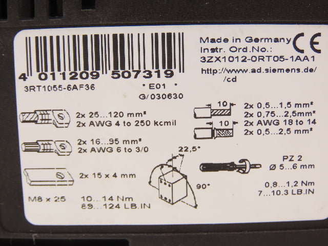 Siemens 3RT1055-6AF36 Motor Starter Contactor 150Hp 185A 1000V 3 Pole 120V Coil
