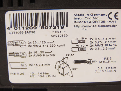 Siemens 3RT1055-6AF36 Motor Starter Contactor 150Hp 185A 1000V 3 Pole 120V Coil