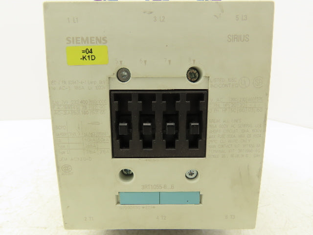 Siemens 3RT1055-6AF36 Motor Starter Contactor 150Hp 185A 1000V 3 Pole 120V Coil