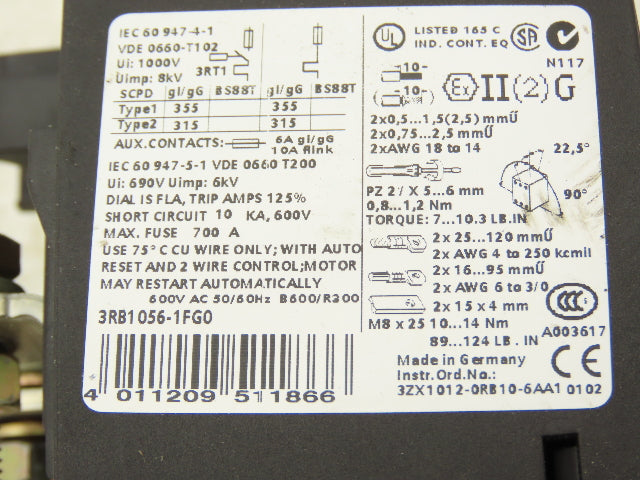 Siemens 3RB1056-1FG0 Solid-State Motor Protection Overload Relay 50-200A Size S6