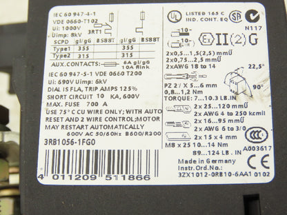 Siemens 3RB1056-1FG0 Solid-State Motor Protection Overload Relay 50-200A Size S6