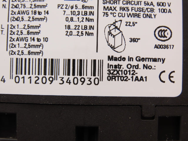Siemens 3ZX1012-0RT02-1AA1 Motor Starter Contactor 20Hp 690V 120V Coil Lot Of 3