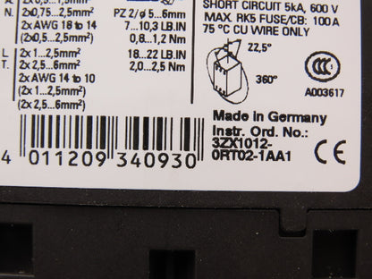 Siemens 3ZX1012-0RT02-1AA1 Motor Starter Contactor 20Hp 690V 120V Coil Lot Of 3