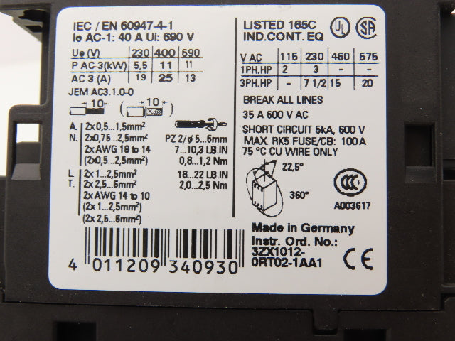 Siemens 3ZX1012-0RT02-1AA1 Motor Starter Contactor 20Hp 690V 120V Coil Lot Of 3