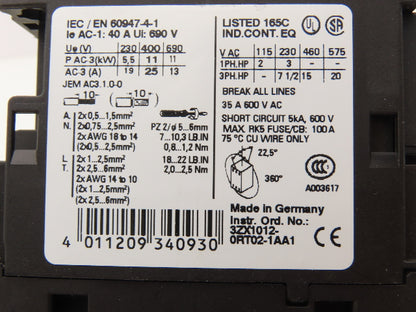 Siemens 3ZX1012-0RT02-1AA1 Motor Starter Contactor 20Hp 690V 120V Coil Lot Of 3