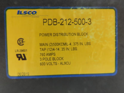 Ilsco PDB-212-500-3 Power Distribution Block 760A 600V 3-Pole Lot of 2