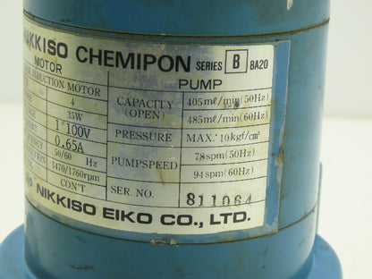 Nikkiso Chemipon BA20 Stainless Diaphragm Metering Pump 35W 100V 1PH 485ml/min