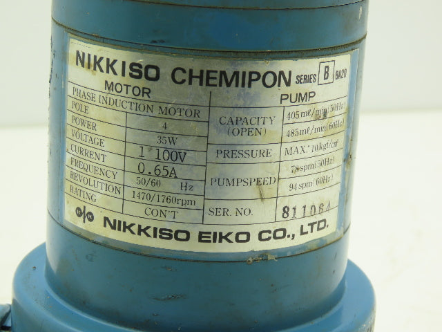 Nikkiso Chemipon BA20 Stainless Diaphragm Metering Pump 35W 100V 1PH 485ml/min