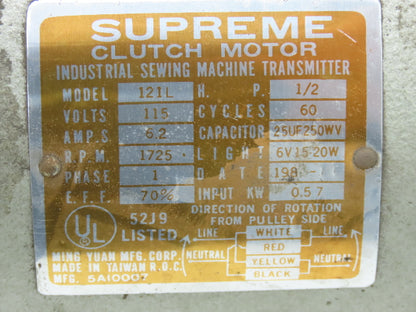 Supreme 121L Clutch AC Motor For Industrial Sewing Machine 115VAC 1725 RPM