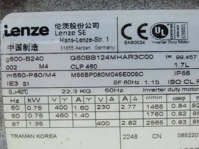 Lenze G50BB124MHAR3C00 G500 Gearmotor .75kw 230/460V 99.4 Ratio Hex Hollow Shaft