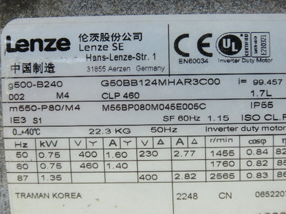 Lenze G50BB124MHAR3C00 G500 Gearmotor .75kw 230/460V 99.4 Ratio Hex Hollow Shaft