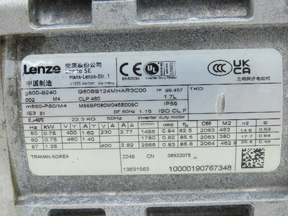 Lenze G50BB124MHAR3C00 G500 Gearmotor .75kw 230/460V 99.4 Ratio Hex Hollow Shaft