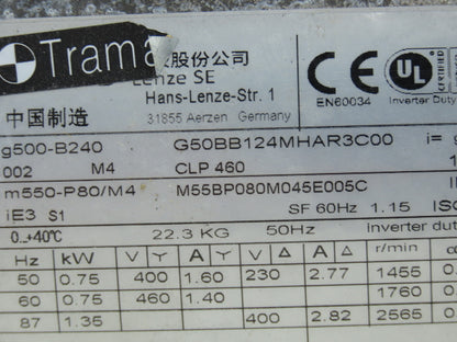 Lenze G50BB124MHAR3C00 G500 Gearmotor .75kw 230/460V 99.4 Ratio Hex Hollow Shaft