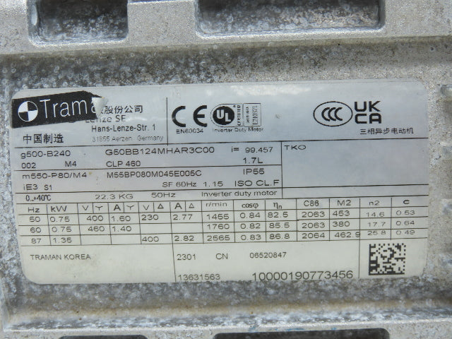Lenze G50BB124MHAR3C00 G500 Gearmotor .75kw 230/460V 99.4 Ratio Hex Hollow Shaft