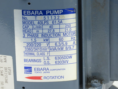 Ebara 40LPS Stainless In-line Centrifugal Pump 70-250 Lpm 220V 3PH 1.5" DN40