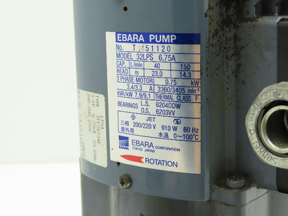 Ebara 32LPS Stainless In-line Centrifugal Pump 40-150 Lpm 220V 3PH 1-1/4" DN32