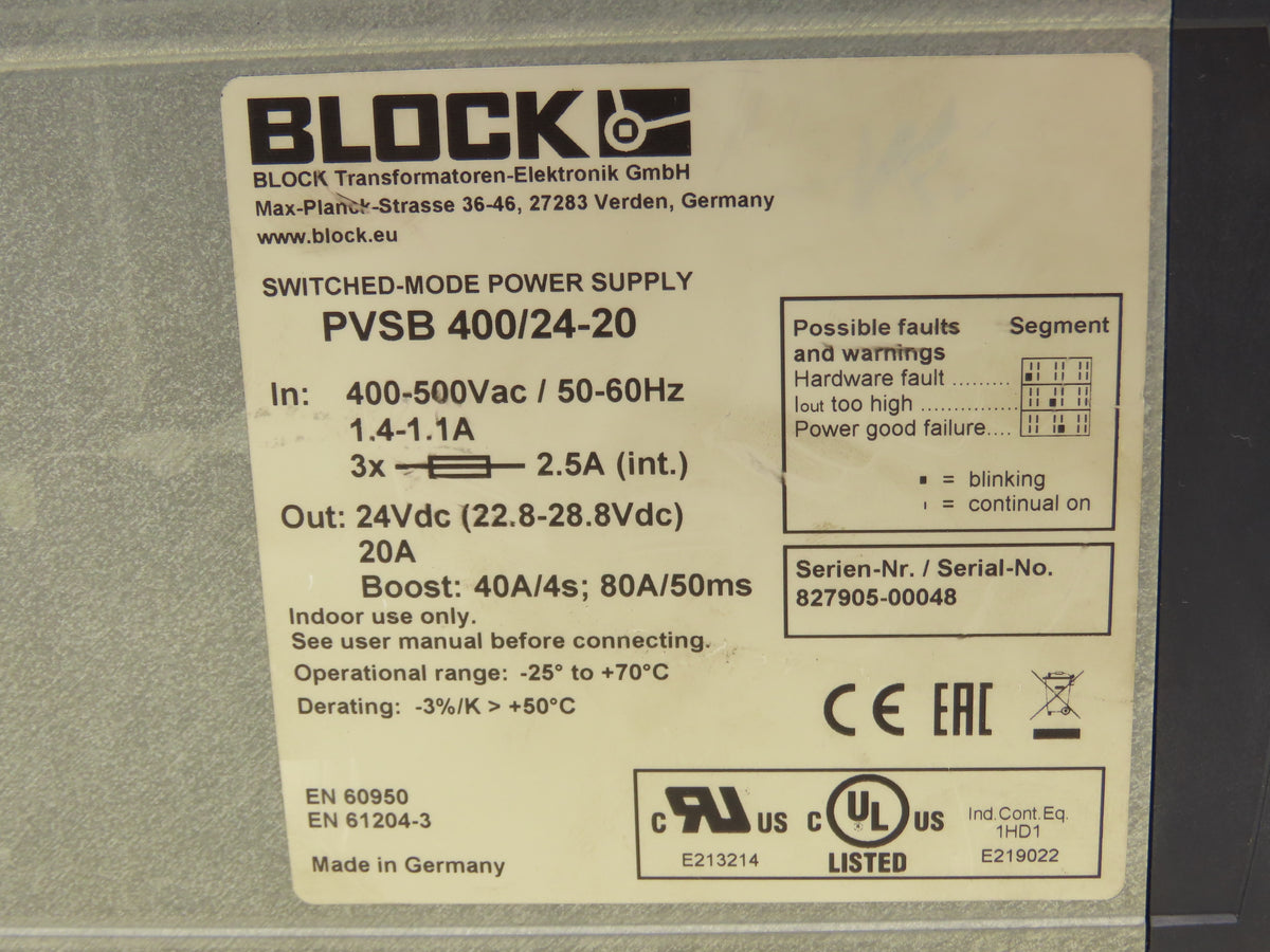 Block PVSB 400/24-20 20A 24VDC Switched Mode Power Supply 400-500VAC 3Ph Input