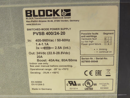 Block PVSB 400/24-20 20A 24VDC Switched Mode Power Supply 400-500VAC 3Ph Input