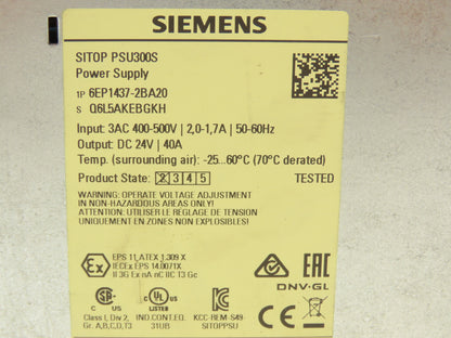 Siemens 6EP1437-2BA20 SITOP PSU300S 40A Power Supply 24VDC Output 400-500V In