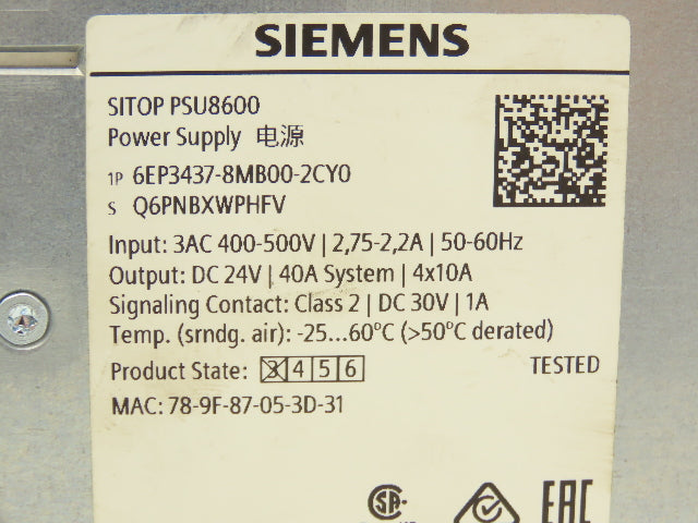 Siemens 6EP3437-8MB00-2CY0 SITOP PSU8600 40A Power Supply 4X10A 24VDC Output