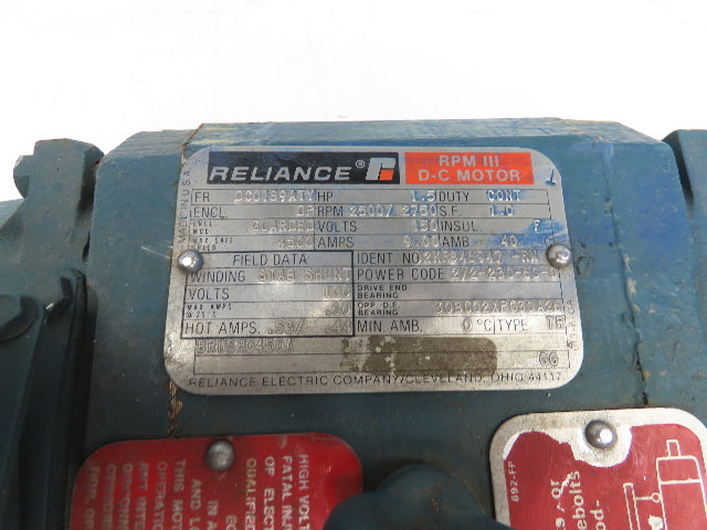 Reliance DC0189ATY RPM III DC Motor 1.5Hp 150VDC 2500/2750 RPM Spline Shaft