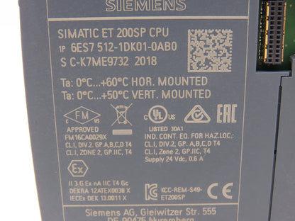 Siemens 6ES7 512-1DK01-0AB0 SIMATIC DP CPU 1512SP-1 ET200SP w/Digital Sink Input