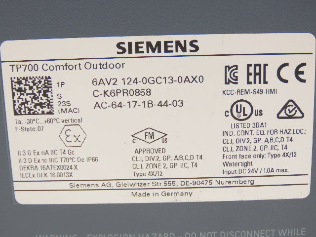 Siemens 6AV2 124-0GC13-0AX0 SIMATIC HMI TP700 Comfort Outdoor Touch Panel 7"