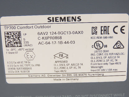 Siemens 6AV2 124-0GC13-0AX0 SIMATIC HMI TP700 Comfort Outdoor Touch Panel 7"