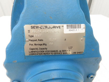 Sew Eurodrive RX67DT80K4BMG1HF Brake Gearmotor 5.18 Ratio 328rpm 3/4Hp 230/460V