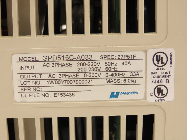 Magnetek GPD515C-A033 Variable AC Drive VFD 230VAC 40A 3PH Crane Control 27P51F