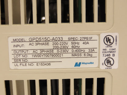 Magnetek GPD515C-A033 Variable AC Drive VFD 230VAC 40A 3PH Crane Control 27P51F