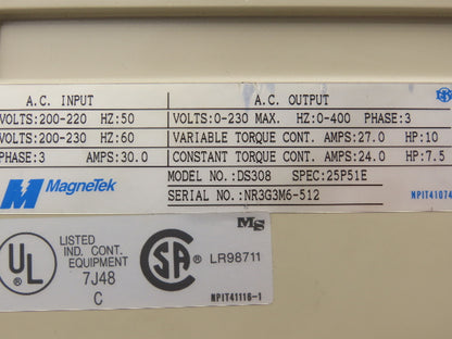 Magnetek GPD503-DS308 Variable AC Drive VFD 230VAC 30A 3PH Crane Control 25P51E