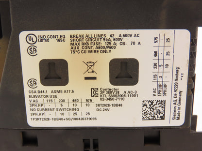 Siemens 3RT2028-1BB40 Motor Starter Contactor 25Hp 575V 3Ph Screw Terminal 24V