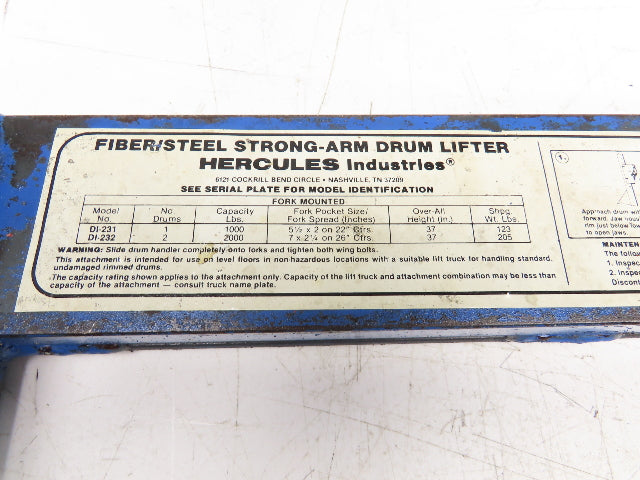 Hercules DI-231 Steel Barrel Drum Grapple Handler Fork Pockets Lifter 1000 lbs