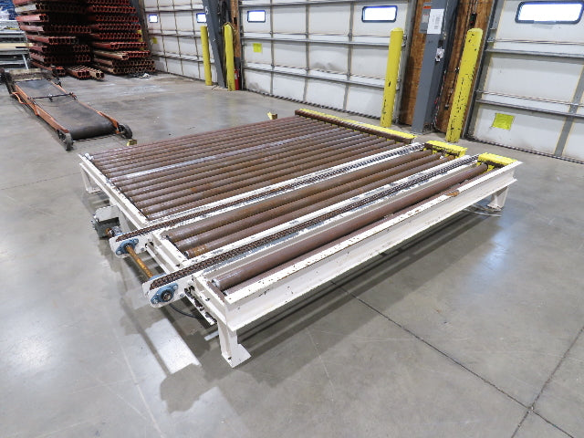 8' 9"L Chain Drive Pallet Transfer Conveyor 98"BF 2.5"Roller 480V 3PH 14"H 30FPM
