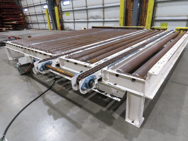 8' 9"L Chain Drive Pallet Transfer Conveyor 98"BF 2.5"Roller 480V 3PH 14"H 30FPM