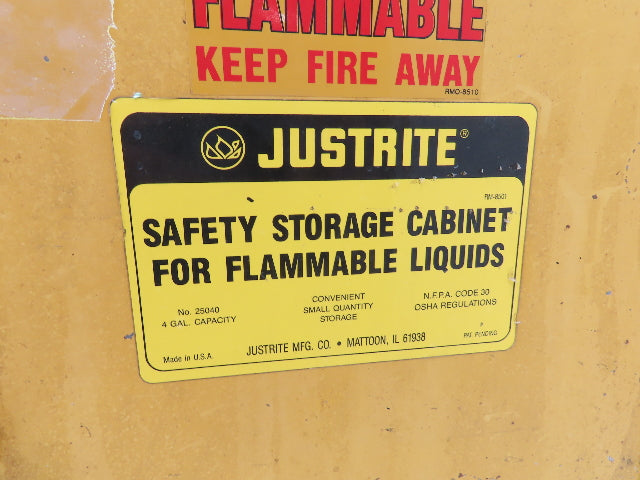 Justrite 25040 Yellow Flammable Cabinet 4 Gallon Capacity Single Shelf