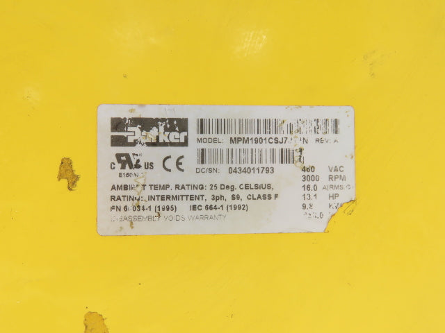 Parker MPM1901CSJ7JY1N AC Servo Motor 13.1Hp 3000 RPM 460V 3PH