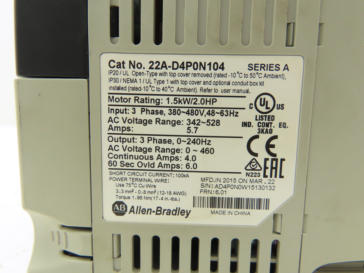 Allen Bradley 22A-D4P0N104 Powerflex 4 VFD AC Drive 1.5kW 2Hp 480v 3Ph Ser A